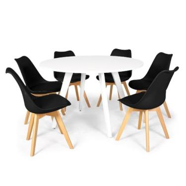 Imagem de Conjunto Mesa de Jantar Redonda Amanda Branca 120cm com 6 Cadeiras Eiffel Leda - Preto