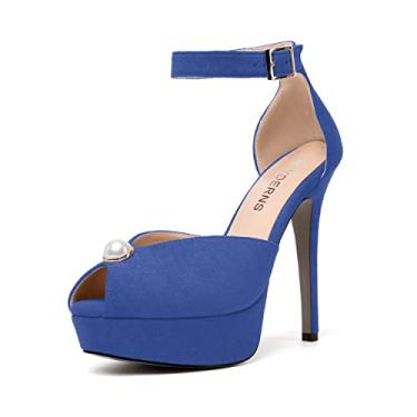 Imagem de WAYDERNS Sapato feminino com fivela de camurça e tornozelo sólido peep toe alça ajustável para noite vestido plataforma stiletto salto alto salto alto 5 polegadas, Azul royal, 8