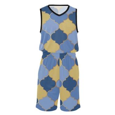Imagem de Conjunto de shorts de basquete marroquino xadrez xadrez xadrez azul amarelo escócia camiseta de basquete para meninos jovens uniforme de basquete conjunto masculino fantasia de basquete