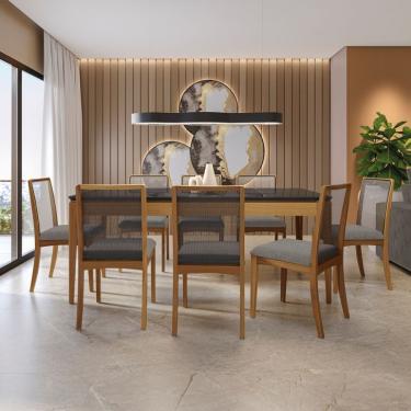 Imagem de Conjunto de Mesa de Jantar Retangular com Tampo de Vidro Preto e 8 Cadeiras Premium Veludo Cinza e Carvalho