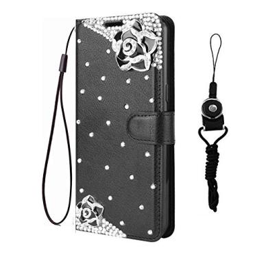Imagem de HFICY Capa de telefone brilhante com 2 pacotes de protetor de tela de vidro e cordão, capa de telefone carteira feminina de couro brilhante com suporte de filo (para iPhone 7/iPhone 8, camélia preta)