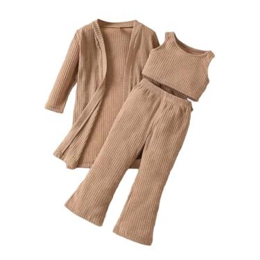 Imagem de Verdusa Conjunto de 3 peças de blusa regata e calça canelada com cardigã de manga comprida, Caqui, 7 Anos