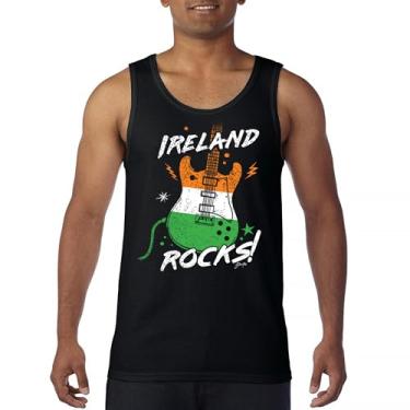 Imagem de Ireland Rocks Camiseta regata masculina com bandeira de guitarra Dia de São Patrício Shamrock Groove Vibe Pub Celtic Rock and Roll Clove, Preto, GG