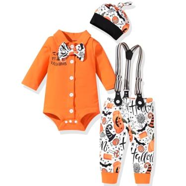 Imagem de fioukiay Conjunto de roupas para bebês recém-nascidos, roupa de cavalheiro infantil, manga comprida, suspensório, gravata borboleta com chapéu, Laranja, 6-12 Meses