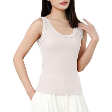 Imagem de Camiseta regata feminina canelada gola redonda sem mangas, cor sólida, caimento justo, roupas de ioga de verão, Bege, G