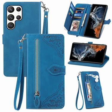 Imagem de Furiet Capa carteira para Samsung Galaxy S24 Ultra 5G com cordão de pulso, estampa de flor, bolso flip de couro, suporte para cartão, capa para celular S24Ultra 24S S 24 24Ultra azul