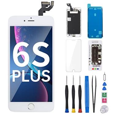 Imagem de Risidamoy Tela de substituição para iPhone 6S Plus com botão Home 14.0 cm branco conjunto completo 6splus 3D Touch LCD Display digitalizador ferramentas de reparo com câmera frontal alto-falante