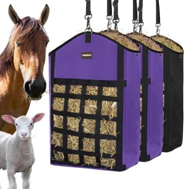 Imagem de MIYABALA Sacos de feno para cavalos, 3 pacotes de sacos de feno de alimentação lenta para cabras, ovelhas, burros, sacos de ração de feno Oxford premium com design de redes de feno frontais, fáceis de