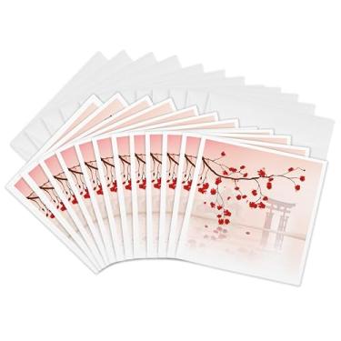 Imagem de 3dRose Lindas ramificações japonesas Sakura Red Cherry Blossoms - Cartões comemorativos, 15 x 15 cm, conjunto de 12 (gc_116168_2)