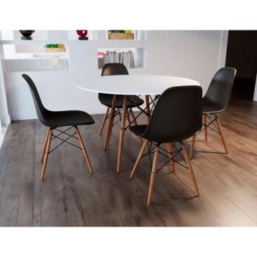 Imagem de Jogo De Mesa 4 Cadeiras Pretas Eames 110 Cm Base Madeira Tampo Branco 