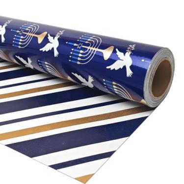 Imagem de FIEHALA Mini rolo de papel de embrulho Hanukkah – Papel de embrulho reversível Chanukkah (43 cm x 32,8 pés) - Menorá azul com design de pomba branca e listras para celebração de Chanukkah para festas