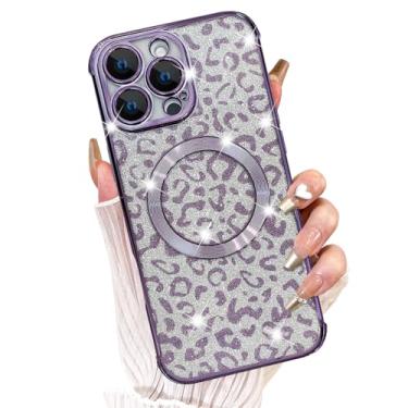 Imagem de Fiyart Capa projetada para iPhone 16 Pro Max, compatível com MagSafe Cheetah Print Plating Camera Protection Clear Phone Case, estampa de leopardo com glitter magnético para mulheres e meninas bumper