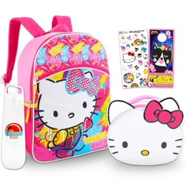 Imagem de Hello Kitty Mochila com conjunto de lancheira – Pacote com bolsa escolar, lancheira, adesivos, garrafa de água, mais | Pacote de material escolar Hello Kitty para crianças