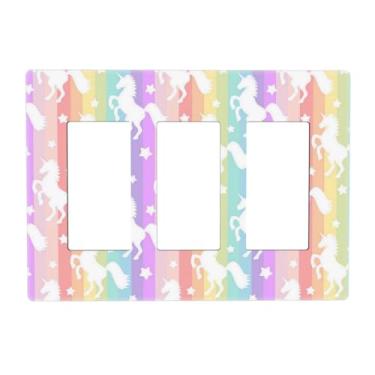 Imagem de Colorido Kids Girls Rainbow Unicorn 3 Gang Triple Rocker/Decorator Light Switch Wall Plate Capa Decorativa GFCI Placa Frontal Elétrica Dimmer