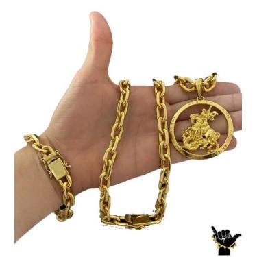 Imagem de Corrente Cadeado 14mm + Pulseira + Pingente - Banhado a Ouro - ToJoia1