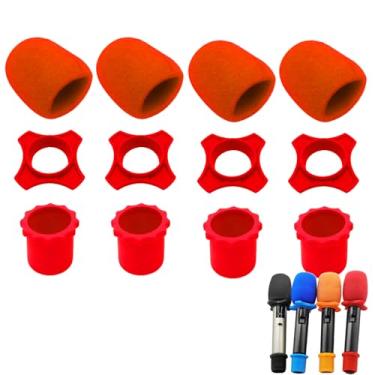Imagem de Cheerock Conjunto de 4 kits de proteção de microfone de mão sem fio vermelho - anel de silicone antirolamento à prova de agitação, suporte de manga de haste inferior, capa de espuma de para-brisas