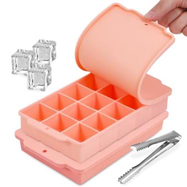 Imagem de Bandeja para cubos de gelo, bandeja de gelo de silicone, 15 moldes de cubos de gelo com tampas, moldes empilháveis de cubos de gelo para bebidas geladas, uísques, coquetéis (azul) (laranja)