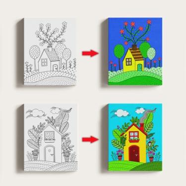 Imagem de Conjunto de telas artísticas premium Different Strokes Arts, 2 designs pré-impressos com tema floral e doméstico, ótimo para crianças e adultos, DIY pronto para pintar, tela de 20 x 25 cm, preto e