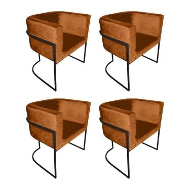 Imagem de Kit 4 Poltronas Decorativa Sala De Estar Base De Ferro Preta Veludo Terracota Laranja
