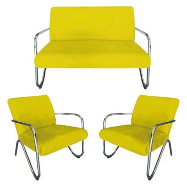 Imagem de Kit Namoradeira + 2 Poltronas Decorativa Bela Suede Amarelo Braço Crom