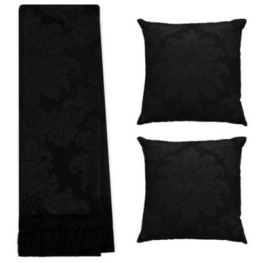 Imagem de Jogo Manta Xale para Sofá e Cama Artesanal Grande 2,80 x 2,50 com 2 Almofadas Cheias (22 PRETO)