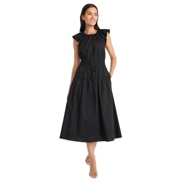 Imagem de Maggy London Vestido feminino elegante midi evasê cintura franzida manga esvoaçante saia em camadas versátil para convidados de casamento, Preto Jet, 50
