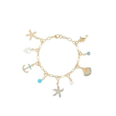 Imagem de Firopia Pingente de oceano Brancelet para mulheres|Concha do Mar Concha Coral Golfinho Âncora Pérola Turquesa Miçanga Strass Brancelet| Presentes de joias de praia de verão Brancelets, 7.5, Strass