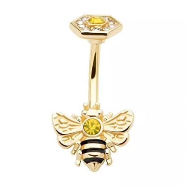 Imagem de Pierced Owl Anel de umbigo de abelha de aço inoxidável 316L dourado 14GA com cristais CZ topázio, Metal, Zircônia cúbica