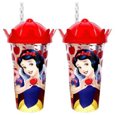 Imagem de Kit 2 Copos com Canudo e Coroa Branca de Neve Princesa 500ml Infantil