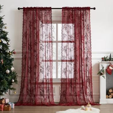 Imagem de Cortinas de renda bordô 203 cm de comprimento, vintage, 2 painéis para quarto, sala de jantar, bolso para varão, filtro de luz, marrom, francês, moderno, romântico, janela, privacidade, decoração, 132