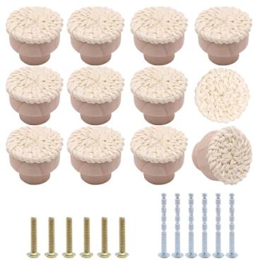 Imagem de YuGtcen 12 maçanetas de armário de madeira, puxadores de cômoda de madeira Boho Puxador de armário de cozinha Puxador de tecido de vime para móveis armário gaveta gaveta porta de armário (branco)