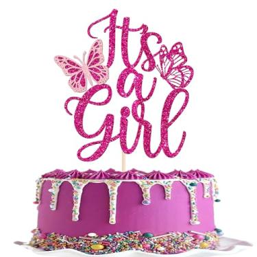 Imagem de Rsstarxi 1 pacote It's a Girl Cake Topper Glitter Butterfly Cake Pick para tema de revelação de gênero chá de bebê menina festa de aniversário decoração de bolo suprimentos rosa vermelha