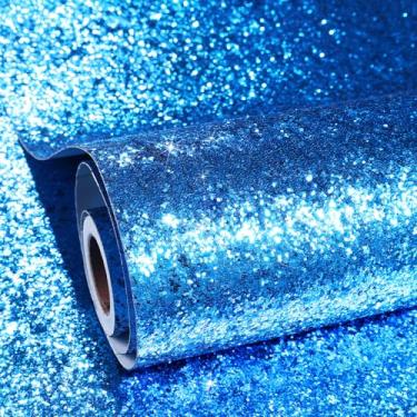Imagem de ReWallpaper Papel de parede azul com glitter grosso de 48 cm × 23 m, papel de parede azul com glitter para quarto