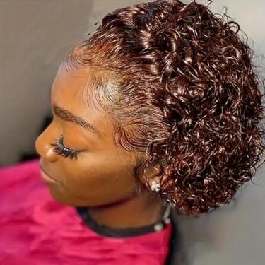 Imagem de NEWIGOO Peruca De Cabelo Humano Com Corte Pixie Castanho Chocolate De 8 Polegadas, 4X4, Sem Cola, Pré-Depilada, Pré-Cortada, Curta, Cacheada, Marrom, Bob (Castanho Chocolate, 8 Polegadas)