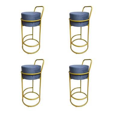 Imagem de Kit 4 Banquetas Alta Redonda Base Dourada Veludo - Cinza