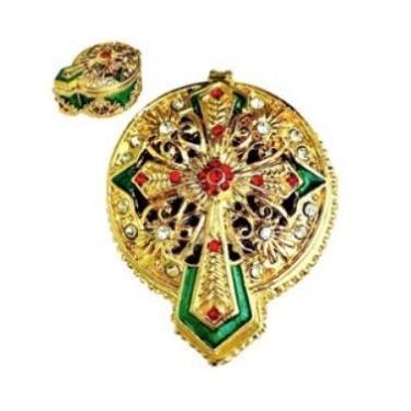 Imagem de Cottage Garden Caixa de bugigangas com dobradiças esmaltadas pintadas à mão, mini organizador de joias vintage, estatueta colecionável, caixa de lembrança com cristais enfeitados, verde e vermelho e