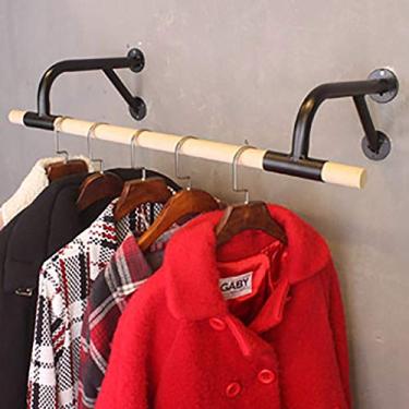 Imagem de CUTPOIY Vara de pendurar roupas de parede de madeira industrial, suporte de tubo de ferro para roupas varão de roupas rack de exibição de roupas comerciais (cor: ouro, tamanho: 120 x 29 x 16 cm