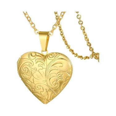 Imagem de Colar com Pingente Medalhão de Coração Floral - Moldura de Foto em Aço