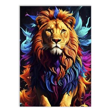 Imagem de Placa Decorativa Leão Ilustração Juba Colorida Decoração Quarto Sala