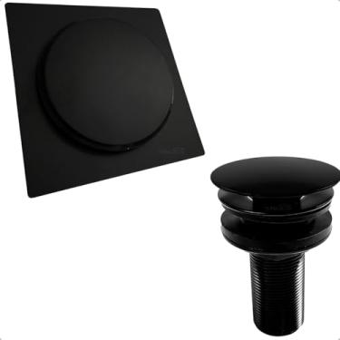 Imagem de Dona D Cor, Ralo Click 15x15 cm E Válvula Click 7/8 Aço Inox Preto Fosco Kit Escoamento Banheiro Ralo Pia Inteligente 30mm Antiodor