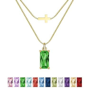 Imagem de SILANER Colar feminino com pedra do mês de nascimento de esmeralda banhado a ouro real 14 K, pingente de cruz delicada, pingente de zircônia cúbica, presente de aniversário para mulheres, joias, Latão
