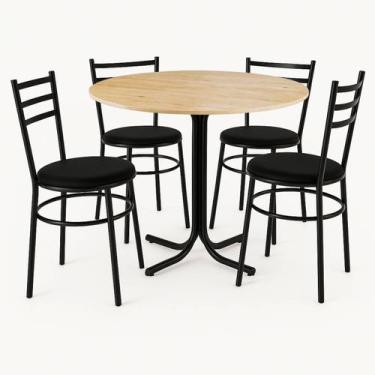 Imagem de Mesa de Jantar Redonda 80cm Pinus Com 4 Cadeiras Estofada Preta - Lama