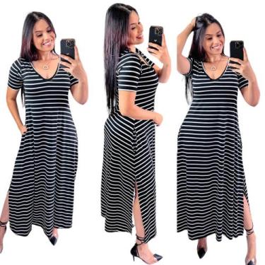 Imagem de Vestido longo gola v com fenda lateral - Neide modas, Listrado, M
