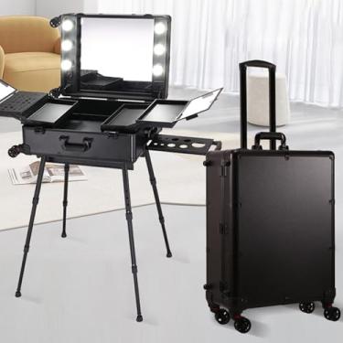 Imagem de Estojo de maquiagem com espelho e luz, 22 polegadas, estojo de viagem profissional para cosméticos, penteadeira de salão de beleza, adequado para estúdio, com alto-falante e suporte
