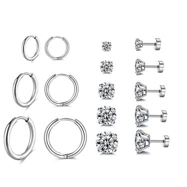 Imagem de 8 pares de brincos delicados de aço inoxidável cirúrgico banhado a ouro 14 quilates, brincos de argola com diamante de tarraxa plana, brincos femininos, masculinos, leves, hipoalergênicos, para vários piercings, adequado para cartilagem, hélice, lóbulo, primeiro orifício, segundo orifício, terceiro 