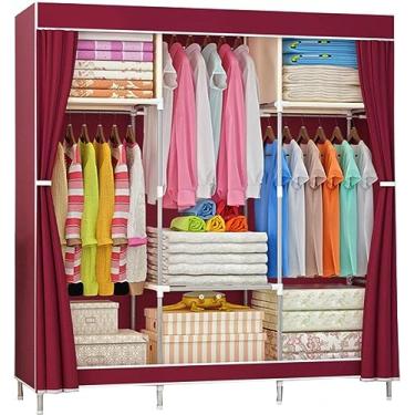 Imagem de Guarda-roupa De Lona Guarda-roupa Guarda-roupa De Tecido Dobrável Armário Organizador De Armazenamento Com Trilho De Suspensão, Prateleiras De Guarda-roupa Para Quarto, A, 105x46x156cm