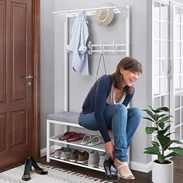 Imagem de 5 Em 1 Cabide Banco De Sapato Árvore Sapateira Com Suporte De Guarda-chuva Prateleira Superior Estrutura De Metal Rack Banquinho Para Hall De Entrada - L 80/100cmx W 33cmx H 170cm, White, 80X33X170CM