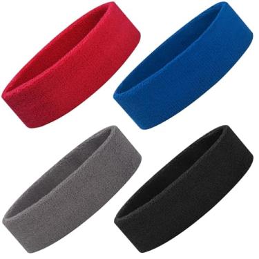 Imagem de ONUPGO Conjunto de faixas de suor, faixa de cabeça esportiva para homens e mulheres, 4 peças de faixas de cabeça de algodão para suor, tecido felpudo com absorção de umidade, para tênis, basquete