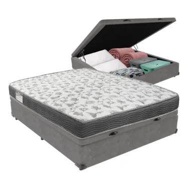 Imagem de Cama Box Báu Casal Suede Cinza + Colchão Iso 100 - Estrutura Reforçada - Imperium do Sono