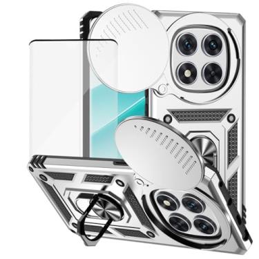 Imagem de Yodueiv Capa para Xiaomi Redmi Note 14 Pro 4G com protetor de tela de vidro temperado e capa de câmera deslizante, anel magnético suporte de carro capa protetora para Xiaomi Redmi Note 14 Pro 4G Prata